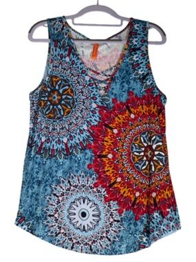 Longyuan Boho Mandala Tank Top Sleeveless V-Neck Blue Orange Tunic 3xl